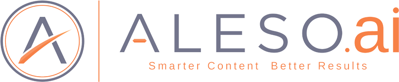 The image displays a logo with text that reads  ALESO A.I.  on a grey background, featuring a stylized graphic resembling a combination of letters and gears with a blue color scheme.